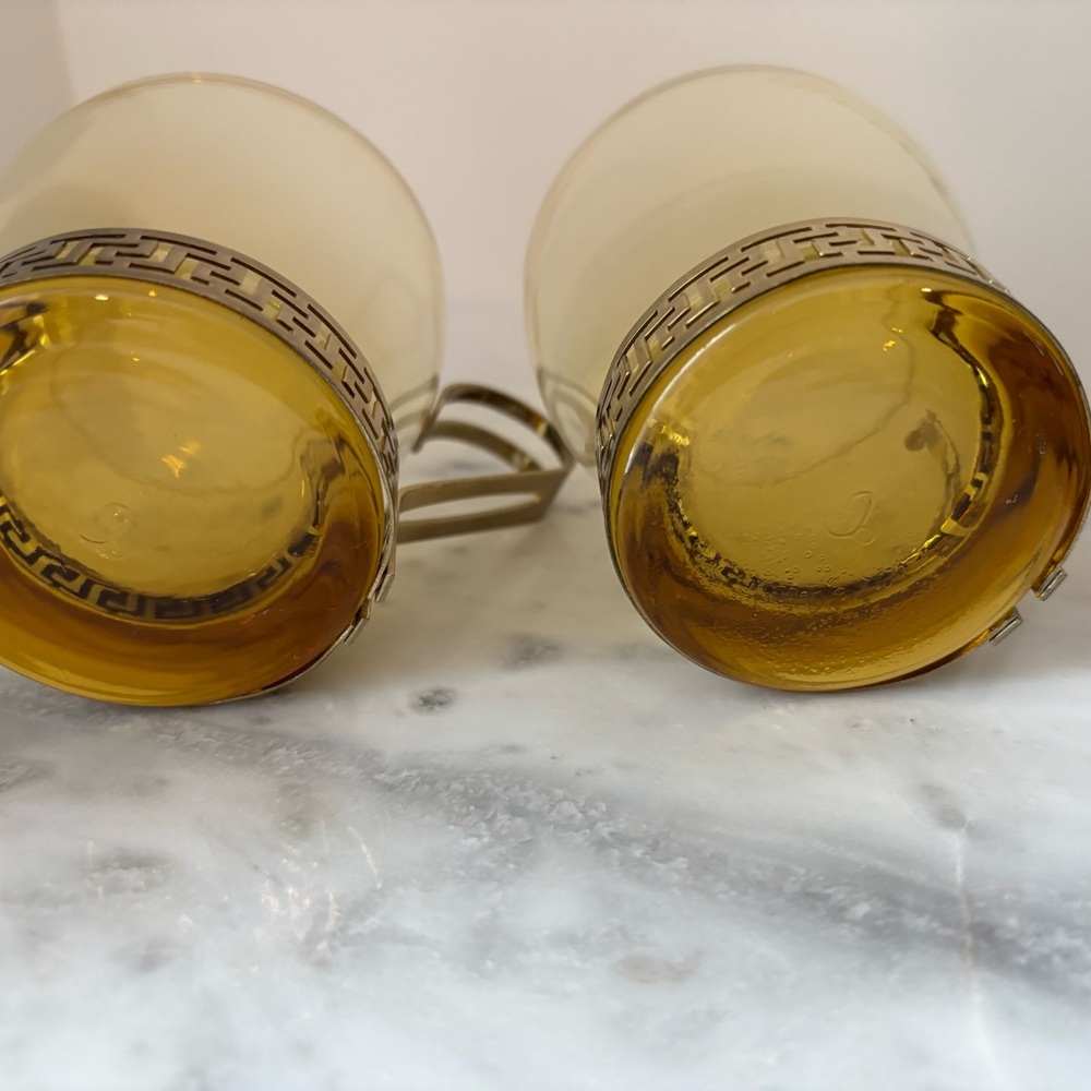 2 Vintage MCM Libbey Amber Glass Continental Cup w Gold Metal Greek Key Handles - Picture 9 of 12